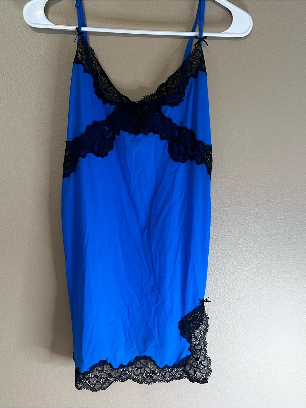 VTG Victoria's Secret Cobalt Blue Satin Lace Slip Dress Asymmetrical Trim Y2K L
